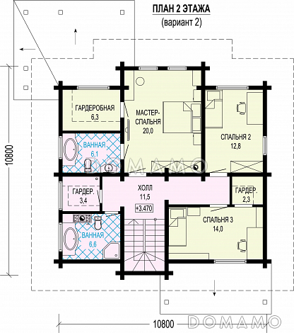 Проект двухэтажного деревянного дома с мастер-спальней и крытой террасой / План 2 этажа