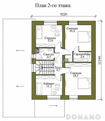 Проект двухэтажного каркасного дома с гаражом на два машиноместа, тремя спальнями и кабинетом на втором этаже / План 2 этажа