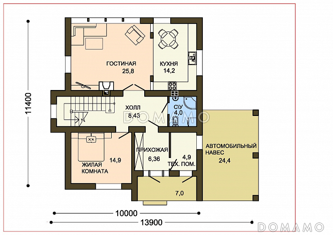 Проект загородного дома с каменного облицовкой крыльца и панорамными окнами гостиной / План 1 этажа