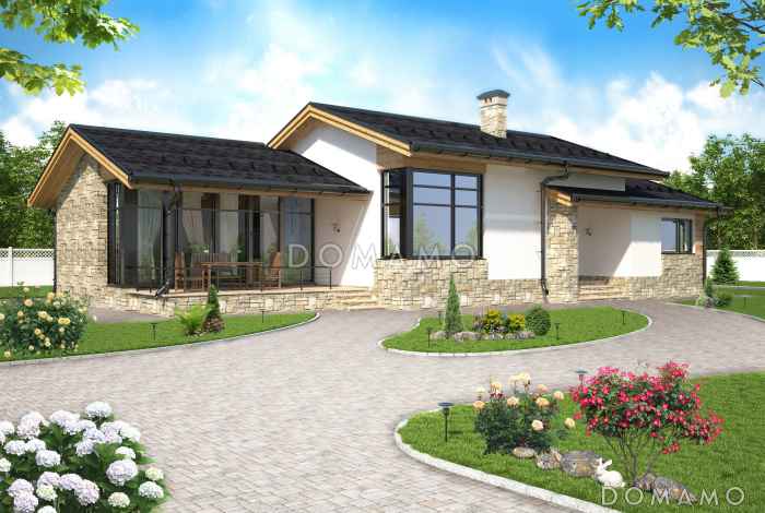 Проект одноэтажного дома из SIP панелей с крытой террасой, сауной, тремя спальнями, большой кухней-столовой