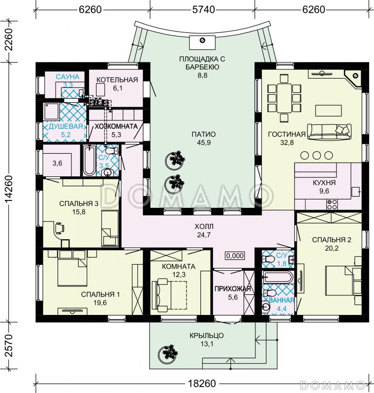 Проект современного кирпичного дома П-образной формы с патио / План 1 этажа