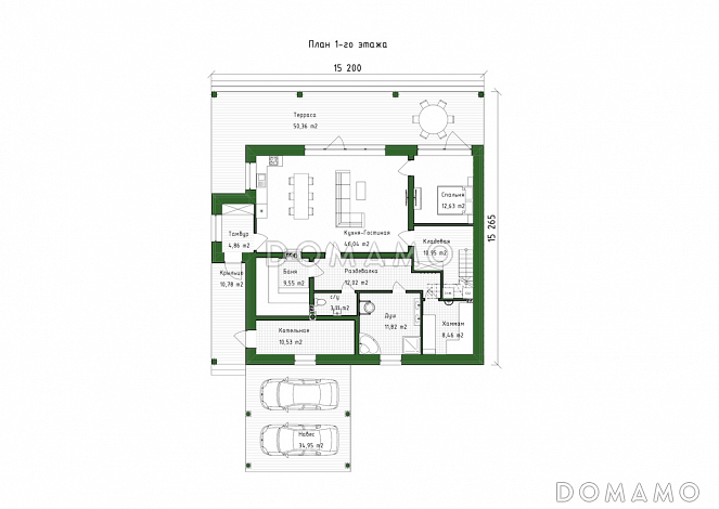 Проект большого дома с сауной, хамамом, двусветной гостиной и навесом на 2 авто / План 1 этажа