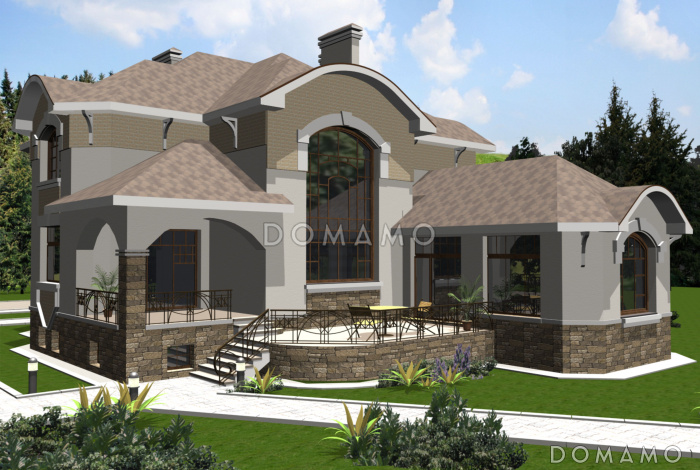 Проект дома из кирпича с сауной и пристроенным бассейном