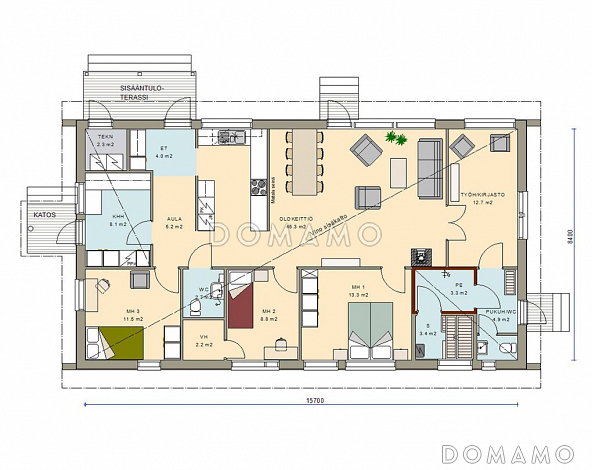 Проект одноэтажного каркасного дома с отдельным входом в небольшую сауну / План 1 этажа
