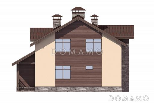 Проект дома с верандой c барбекю, кладовой под лестницей, парной и душевой, кабинетом и спальнями на мансардном этаже / Фасад 3