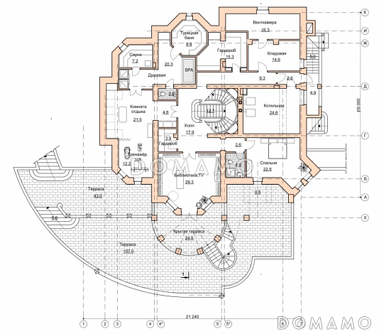 Проект парадного коттеджа с красивым холлом и террасой / План цокольного этажа