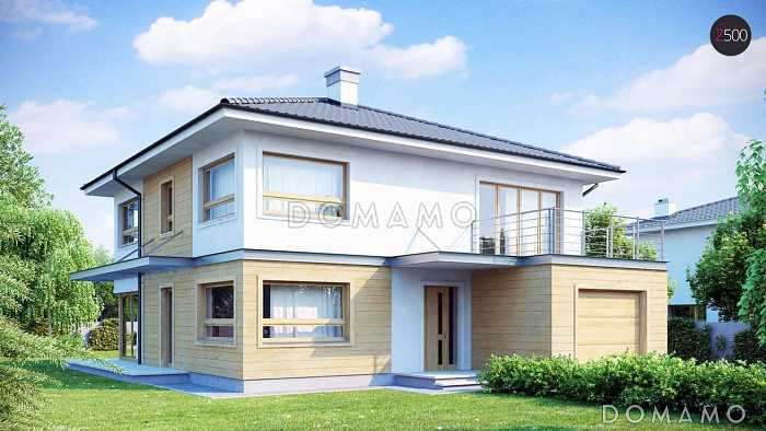 Проект двухэтажного дома из газобетона, адаптированный для сейсмозоны с четырьмя спальнями и удлинённым двухместным гаражом