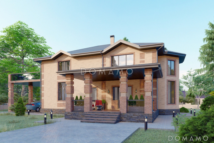 Проект двухэтажного кирпичного дома со вторым светом, навесом для автомобиля и открытой террасой на втором этаже