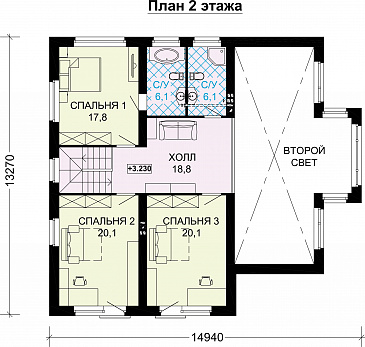 Проект дома из СИП панелей с панорамными окнами и натуральной черепицей / План мансардного этажа