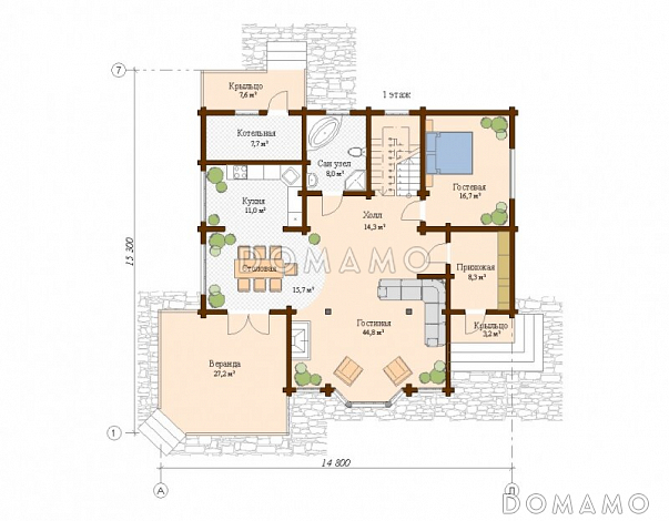 Проект дома с тремя спальнями и кабинетом / План 1 этажа