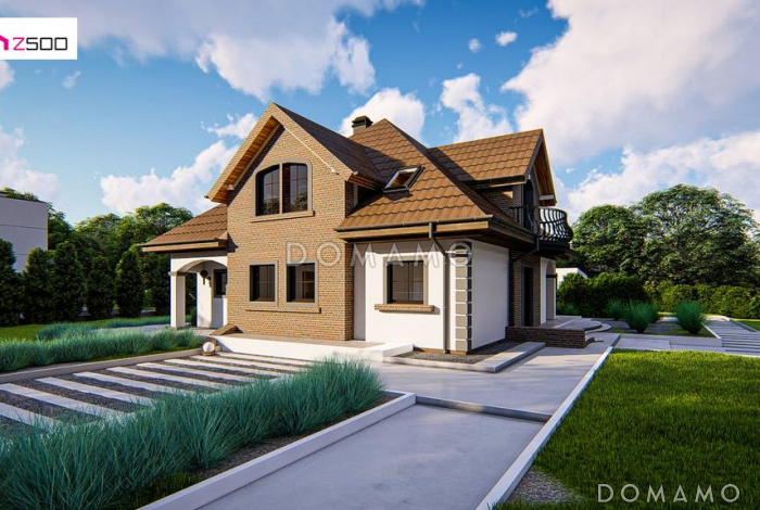 Проект мансардного дома из газобетона с тремя спальнями, кабинетом и красивыми балкончиками