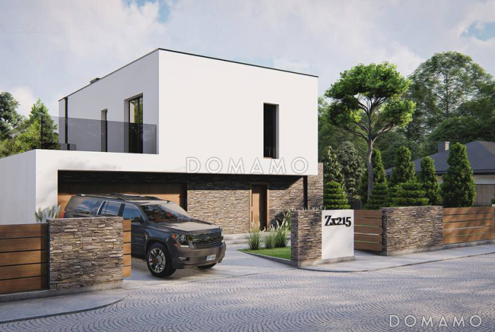 Проект двухэтажного дома с гаражом, гостиной с камином, кладовой, балконами