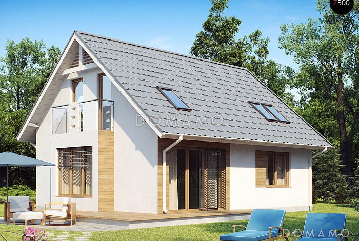 Проект загородного дома с мансардными окнами, балконом, открытой террасой