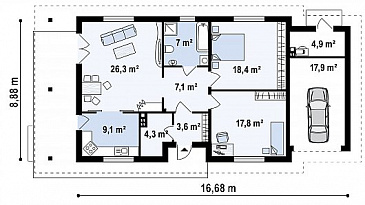 Проект компактного одноэтажного дома из газобетона с двумя спальнями и боковой террасой и пристроенным гаражом / План 1 этажа
