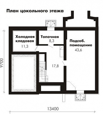 Проект дома из пеноблоков с гостевой комнатой на первом этаже и гаражом для одного автомобиля / План цокольного этажа
