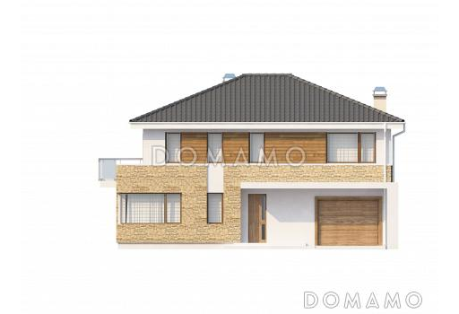 Проект современного двухэтажного дома из кирпича, адаптированного под сейсмику, с четырьмя спальнями, балконом и встроенным гаражом / Фасад 4