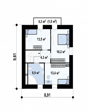 Проект загородного дома с камином в гостиной, изолированной кухней, открытой террасой / План мансардного этажа
