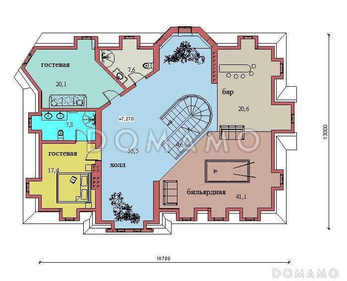 Проект двухэтажного дома с цоколем и мансардой, с сауной, бассейном и вторым светом  / План мансардного этажа