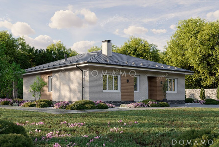 Проект одноэтажного дома со свободной планировкой дневной зоны, тремя спальнями и большой террасой