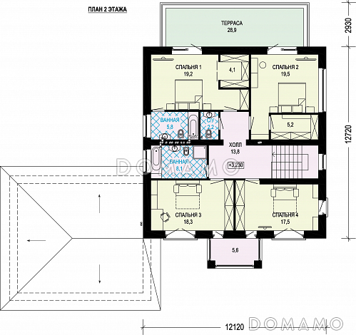 Проект газобетонного двухэтажного особняка с двойным гаражом / План 2 этажа
