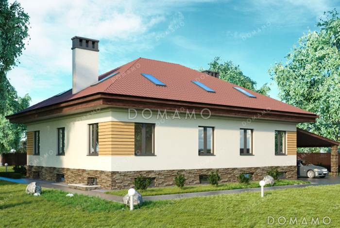 Проект дома с сауной в цокольном этаже, навесом для машины и гостиной на мансарде