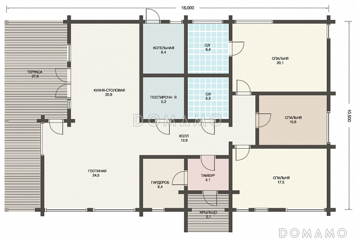 Проект одноэтажного дома из клееного бруса с отдельным входом в котельную / План 1 этажа