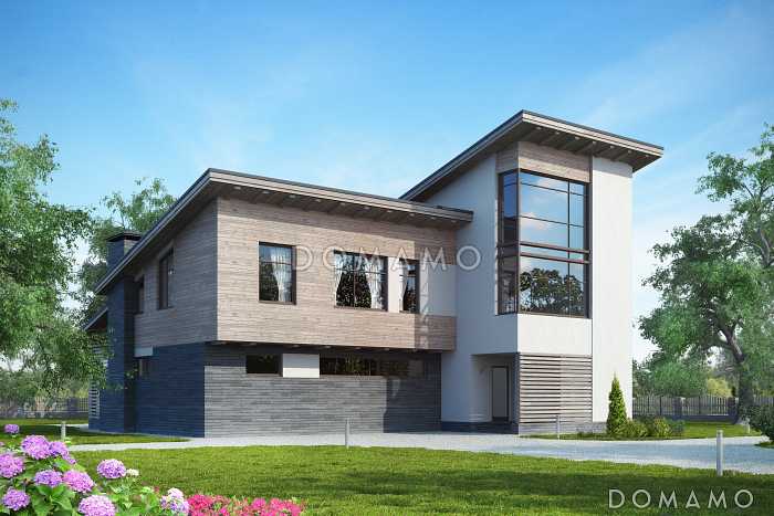 Проект дома с косой крышей, террасой, вытянутой прямоугольной кухней, просторной совмещенной гостиной столовой, спальней на первом этаже, вторым светом, игровой, кабинетом под крышей