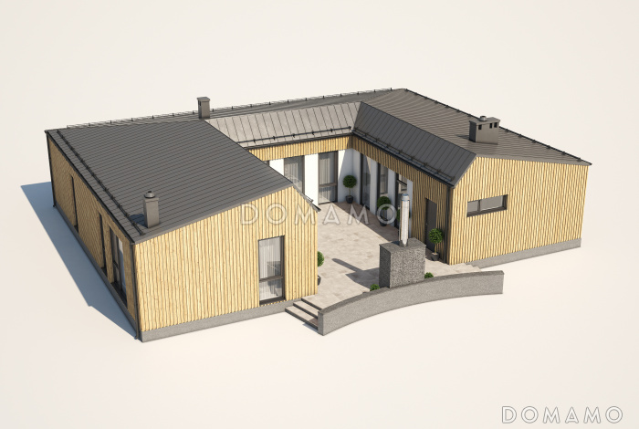 Проект современного кирпичного дома П-образной формы с патио