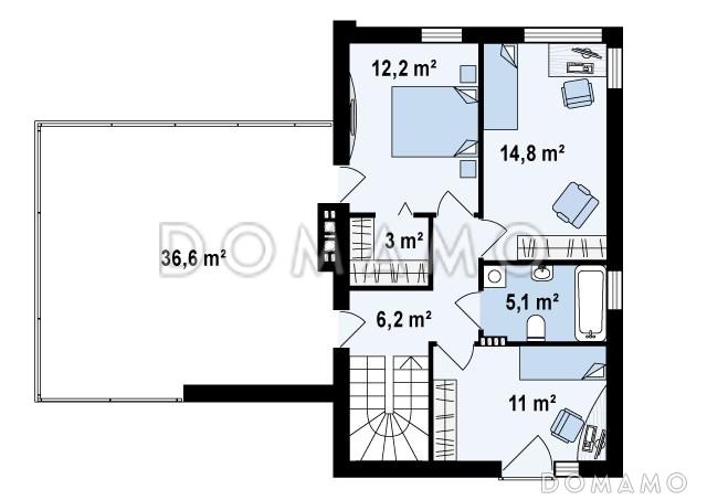Проект современного двухэтажного дома из газобетона с тремя спальнями и террасой над одноместным гаражом / План 2 этажа