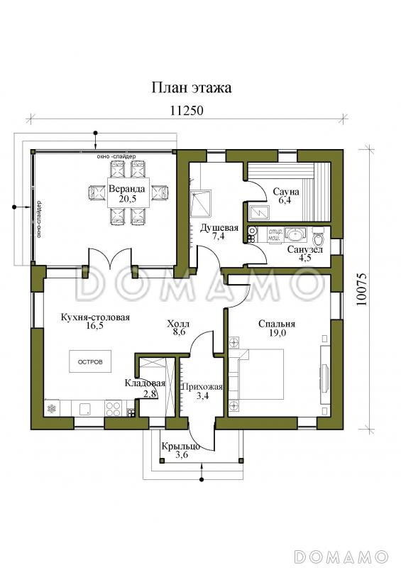 Проект одноэтажной бани в стиле хай-тек со скатной кровлей / План 1 этажа