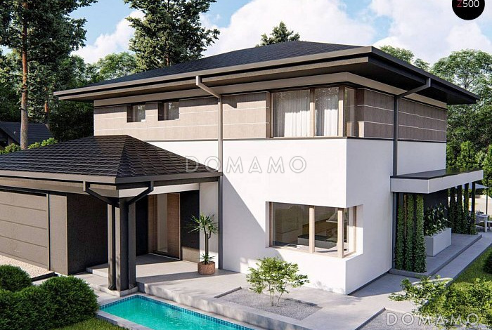 Проект дома с гаражом, комнатой с гардеробной на первом этаже, кладовой на кухне,  балконом на втором этаже в хозяйской спальне