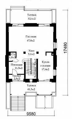 Проект жилого дома для сблокированного строительства на площадке с рельефом / План 1 этажа