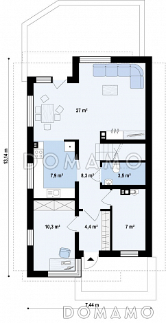 Проект аккуратного одноэтажного мансардного дома из газобетона для узкого участка / План 1 этажа