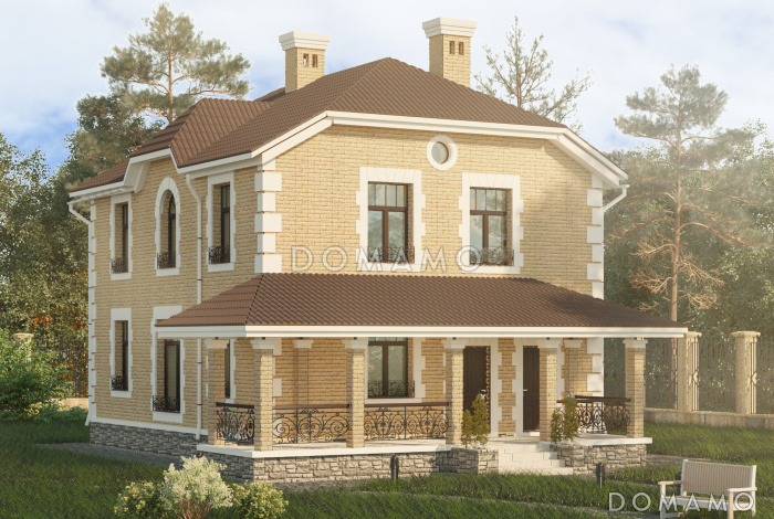 Проект двухэтажного дома с четырьмя спальнями и просторной крытой террасой