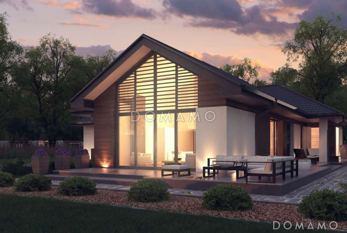 Проект просторного одноэтажного дома из газобетона с четырьмя спальнями, гаражом и панорамным остеклением гостиной