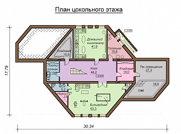 Проект двухэтажного дома с цокольным этажом, гаражом и бассейном / План цокольного этажа