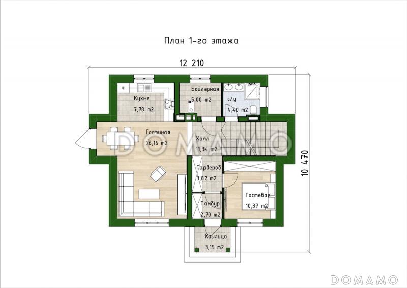 Проект двухэтажного дома с 3 спальнями, гостевой комнатой и просторной гостиной / План 1 этажа