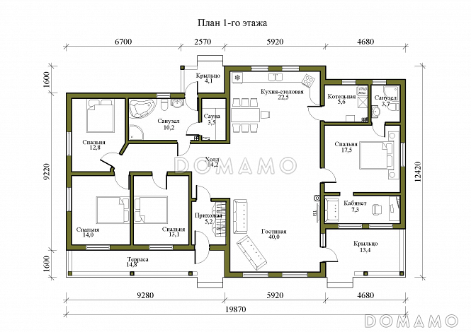 Проект газобетонного дома с панорамным остеклением и сауной / План 1 этажа