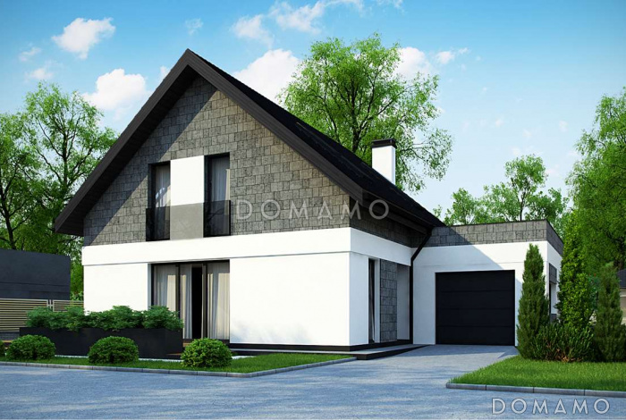 Проект одноэтажного мансардного дома из кирпича с кабинетом, изолированной кухней и гаражом