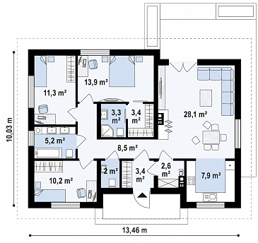 Проект небольшого уютного одноэтажного дома из газобетона с тремя спальнями / План 1 этажа