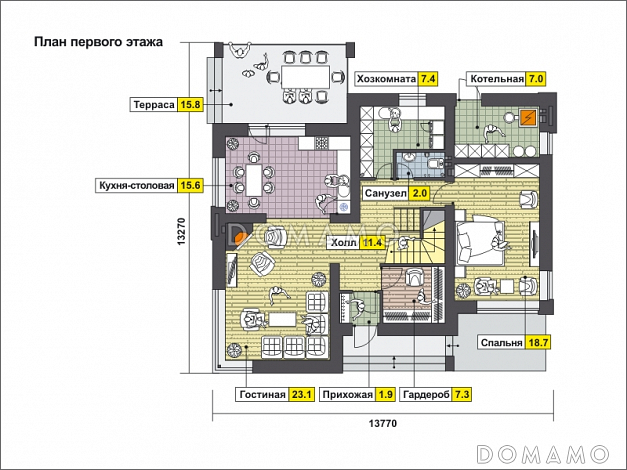 Проект загородного дома с панорамным окном в гостиной и спальне на мансардном этаже, крытой террасой с выходом из кухни-столовой, спальней на первом этаже / План 1 этажа
