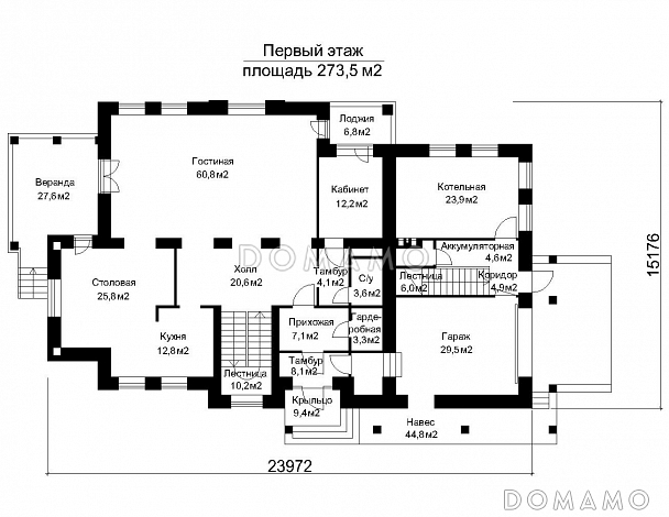 Проект двухэтажного дома с колоннами / План 1 этажа