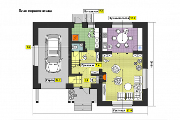 Проект дома с гаражом, мансардными и круглыми окнами, тремя спальными на мансардном этаже / План 1 этажа