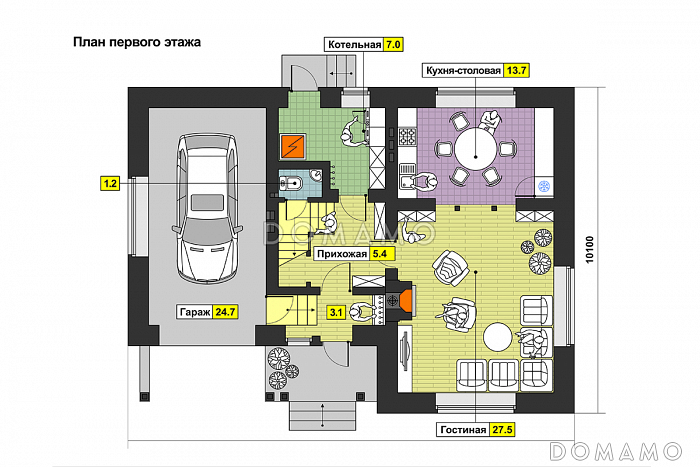 Проект дома с гаражом, мансардными и круглыми окнами, тремя спальными на мансардном этаже / План 1 этажа