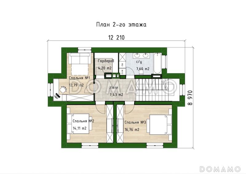 Проект двухэтажного дома с 3 спальнями, гостевой комнатой и просторной гостиной / План 2 этажа