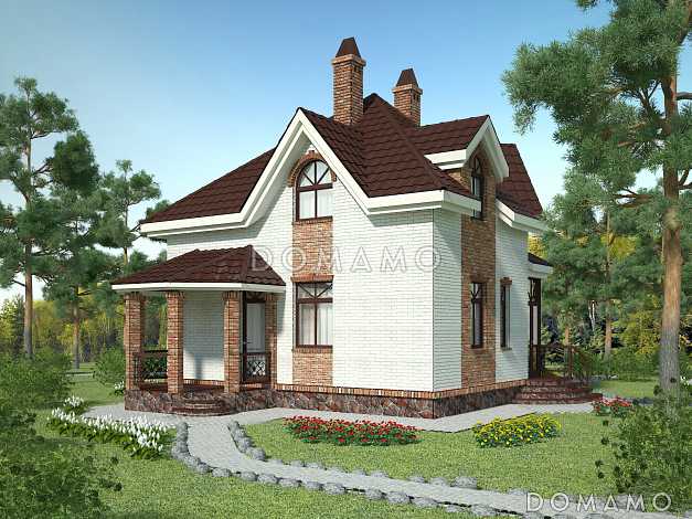 Проект квадратного кирпичного коттеджа  со входом с угла
