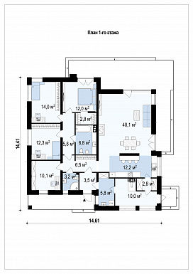 Проект просторного современного одноэтажного дома из кирпича с тремя спальнями, кабинетом / План 1 этажа