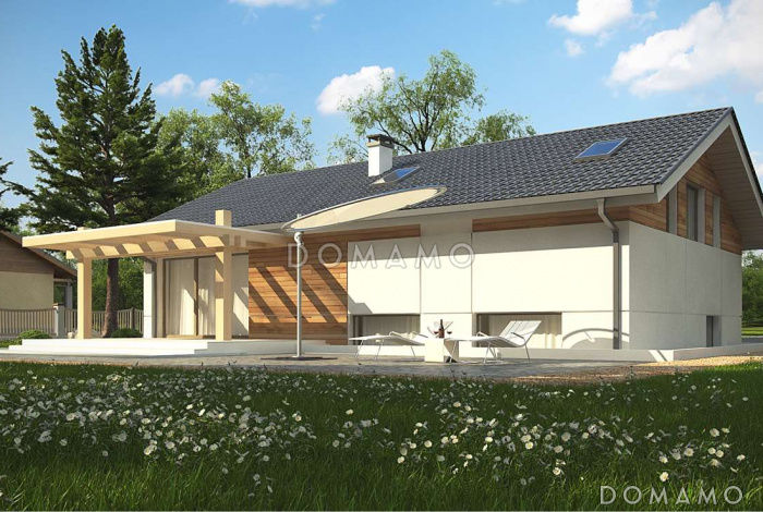 Проект аккуратного одноэтажного дома из кирпича с подземным гаражом и тренажёрным залом в подвальном помещении