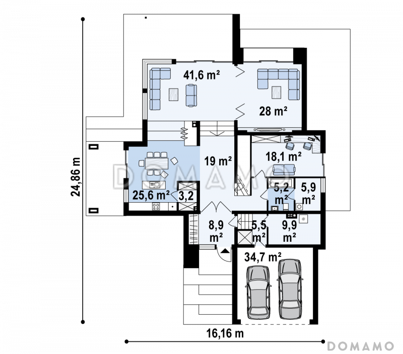 Проект большого современного двухэтажного дома из газобетона с четырьмя спальнями, кабинетом и гаражом для участка с рельефом / План 1 этажа