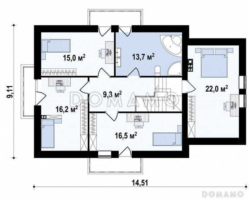 Проект одноэтажного коттеджа из газобетона с мансардным этажом, пятью спальнями и гаражом / План мансардного этажа